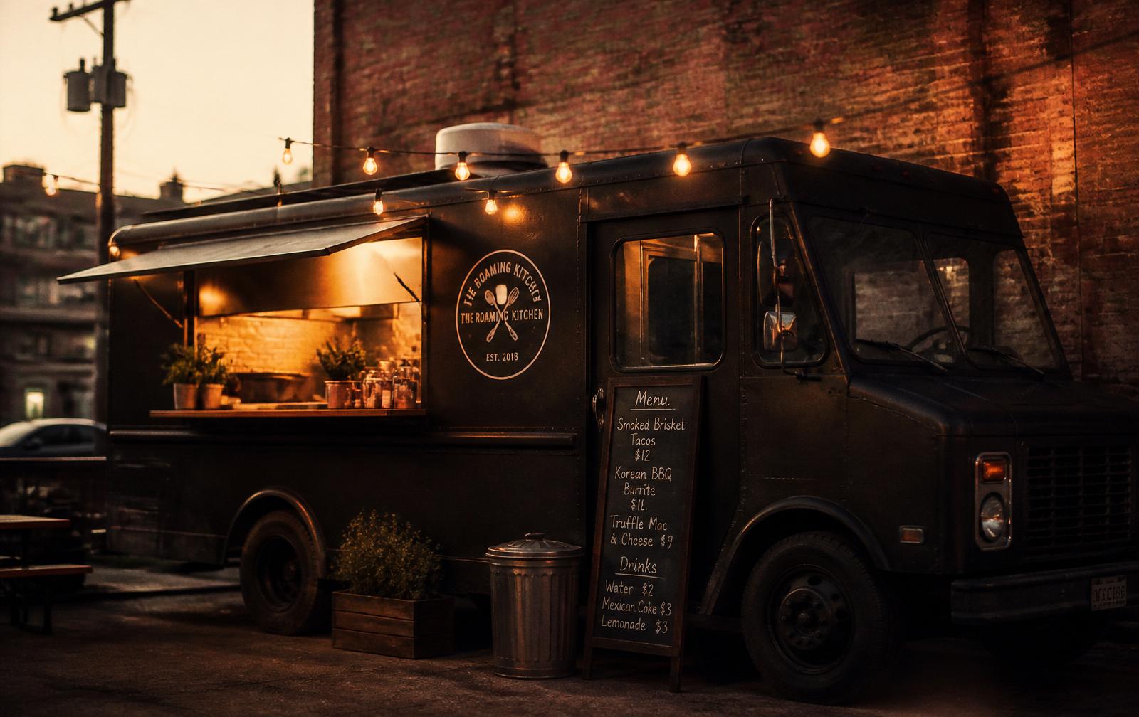 The Ember & Ash food truck at dusk with warm string lights